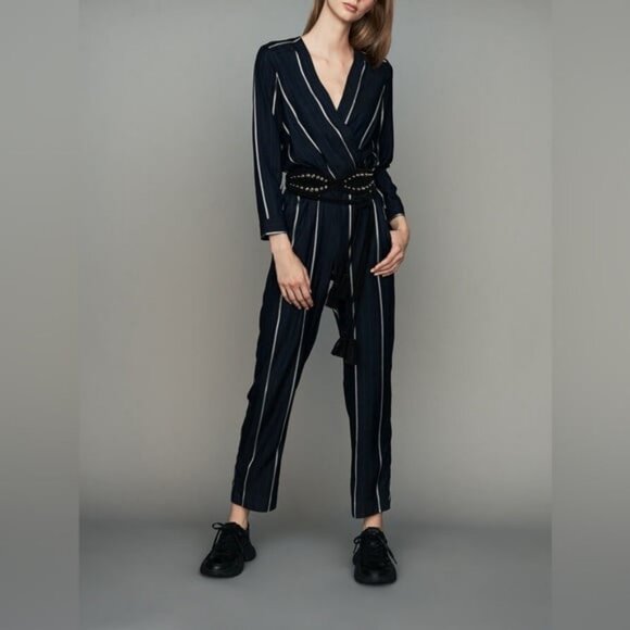 NWT MAJE PANTI Jumpsuit Navy w Silver Metallic Pinstripes LS SZ 4 MSRP $379